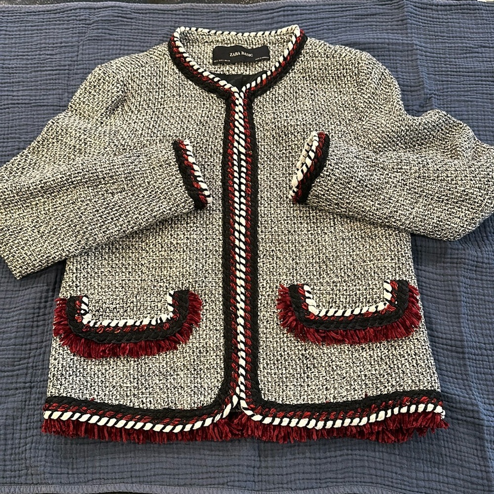 ZARA Women’s Tweed Blue/White Jacket w/Red Rope & Fringe Detail, Size Small